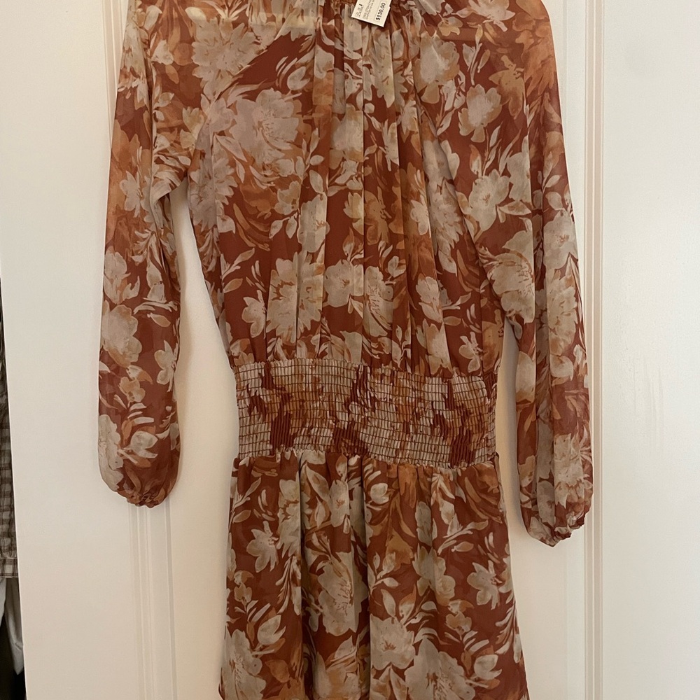 Veronica M Rust Floral Long-Sleeve Smocked Waist Chiffon mini Dress